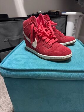 Women’s Nike Red Suede High-Top wedge Sneakers with White Swoosh